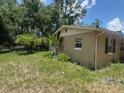 Exterior view of a yard with sparse grass, trees and partial view of home's exterior wall with window at 625 E Jackson Ave, Mount Dora, FL 32757