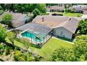 An aerial view showcasing the home's screened pool, lush backyard, and neighborhood setting at 957 Yellow Rose Dr, Orlando, FL 32818