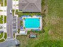 Aerial view of a community pool with lounge chairs and a well-kept surrounding landscape at 29746 Anahid Dr, Leesburg, FL 34748