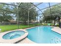 Relaxing screened-in pool and spa with a spacious patio and lush backyard view at 7754 Teascone Blvd, Kissimmee, FL 34747