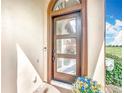 Charming front door with decorative glass panels, set against a stucco exterior and bright flower arrangement at 16246 Ravenna Ct, Montverde, FL 34756
