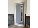 Contemporary gray front door with a vertical window panel and digital lock system at 2041 Greenbriar Ter, Davenport, FL 33837
