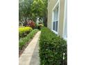 Well-manicured landscaping along the side of the home with lush greenery and a sidewalk at 2548 Galliano Cir, Winter Park, FL 32792
