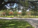 Lovely front yard view featuring bright green grass, colorful flowering trees, and mature shade trees at 2181 Wekiwa Oaks Dr, Apopka, FL 32703