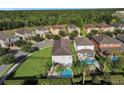 Aerial view of properties highlighting backyard pools and green spaces in a lush landscape with a tree-lined backdrop at 7524 Marker Ave, Kissimmee, FL 34747