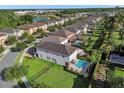 Expansive aerial view showing backyard pools, manicured landscaping and neighborhood streets near a scenic lake at 7524 Marker Ave, Kissimmee, FL 34747