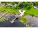Waterfront property with private dock and boat lift boasts lush landscaping and serene lake views from an aerial perspective at 10241 Pointview Ct, Orlando, FL 32836