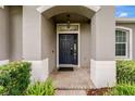 Welcoming front entrance with a stylish navy blue door and manicured landscaping at 2681 Cabernet Cir, Ocoee, FL 34761