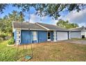 View of blue house with green tree, a driveway leading to a two-car garage, and a swing hanging from a branch at 7504 Willow Wisp E Dr, Lakeland, FL 33810