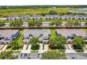 Beautiful aerial view of townhomes with manicured lawns, mature trees, and a scenic view of a lake at 1784 Fritwell Ct, Ocoee, FL 34761
