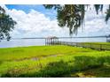 Picturesque view of the lake with a private dock and lush green surroundings at 16400 Lakeshore Dr, Minneola, FL 34715