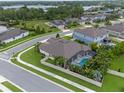 Aerial view of a landscaped home with a screened pool, complemented by lush greenery and backyard privacy at 418 Gleaming Andover Way, Longwood, FL 32779