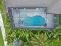 Overhead shot of a kidney-shaped pool and connected spa inside of a screened enclosure at 418 Gleaming Andover Way, Longwood, FL 32779