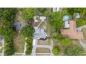 An aerial perspective of a house with mature trees, backyard pool, and a convenient carport, showcasing a serene living environment at 330 N Stone St, Deland, FL 32720