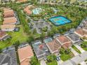 Aerial view of a residential area with community pool, tennis courts, and well-maintained properties at 5255 Wildwood Way, Davenport, FL 33837