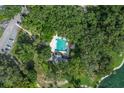 Aerial view showcasing a sparkling community pool nestled within a canopy of trees at 211 Crown Oaks Way # 205, Longwood, FL 32779