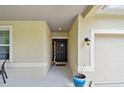 Covered front porch with a dark-colored front door, neutral stucco walls, and a light fixture at 2409 Martins Run, Tavares, FL 32778