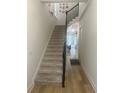 Carpeted staircase with dark wood railing, leading to a bright and open living space at 2011 E Esther St, Orlando, FL 32806