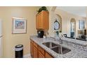 Kitchen featuring granite countertops, stainless steel sink, and wooden cabinets at 7660 Comrow St # 203, Kissimmee, FL 34747