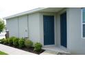 Exterior side entrance featuring a blue door, with manicured landscaping at 444 Halter Dr, Apopka, FL 32712
