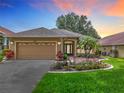 Inviting front of house showing meticulous landscaping, including flowers and mature palm tree at 16631 Champions Ct, Clermont, FL 34711