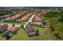 Aerial view of a neighborhood showcasing a home with a private screened-in pool at 4111 Oaktree Dr, Davenport, FL 33837
