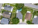 An overhead shot reveals a house nestled among trees, featuring a backyard pool and a well-manicured lawn at 222 Imperial Ridge Ct, Oviedo, FL 32765