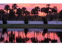 Scenic backyard view of a lake at sunset, with palm trees and a fountain at 378 Cape Honeysuckle Pl, Sanford, FL 32771