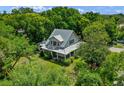 Aerial view of a charming two-story home with a metal roof surrounded by lush greenery at 408 W Pearl St, Minneola, FL 34715
