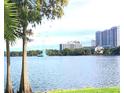 Scenic lake view with buildings, tall palm trees, and fountain at 151 E Washington St # 508, Orlando, FL 32801