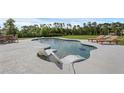 Backyard pool area, complete with chaise lounges, dining table, and serene landscape at 27071 Moss View Dr, Tavares, FL 32778