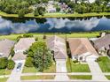 An aerial view of a home with a beautiful pond view and lush landscaping in a desirable neighborhood at 1252 Ballyshannon Pkwy, Orlando, FL 32828