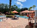 Inviting community pool area with lounge chairs and umbrellas for residents to relax and enjoy at 8010 Tuscany Way # 3102, Davenport, FL 33896