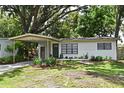 Charming single-story home with a quaint, landscaped front yard and a welcoming covered entrance with an olive colored front door at 3519 Amigos Ave, Orlando, FL 32808