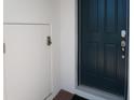 Close up of a black front door with modern lock details and a nearby storage compartment at 14568 Crestavista Ave, Clermont, FL 34714
