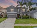 Beautiful gray home with a two-car garage, manicured lawn, and striking palm trees at 13431 Early Frost Cir, Orlando, FL 32828