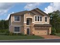 Charming two-story home with stone accents, a two-car garage, and a well-manicured lawn at 821 River Stone Trl, Sanford, FL 32771