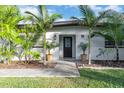 Charming home entrance with tropical landscaping, including palm trees, leading up to a modern, decorative front door at 6805 Barby Ln, Belle Isle, FL 32812