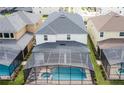 Aerial view of a home with a screened-in pool and spa, surrounded by lush greenery and neighboring houses at 9071 Sunshine Ridge Loop, Kissimmee, FL 34747
