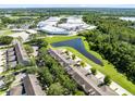 Beautiful aerial view of community featuring serene pond and lush greenery at 2021 Sweet Birch Ln, Orlando, FL 32828