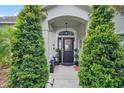 Elegant front entrance framed by manicured greenery and a decorative wreath at 544 Lake Sumner Dr, Groveland, FL 34736