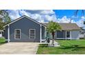 Charming single-story home with gray stucco, white trim, well-maintained lawn, and a welcoming palm tree at 2936 Estill St, Deltona, FL 32738
