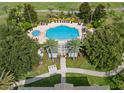 Aerial view of a community pool, spa, and surrounding landscaping with lounge chairs at 7615 Heritage Crossing Way # 201, Reunion, FL 34747