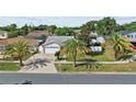 An aerial view of the home with palm trees, a two-car garage, and a well-maintained lawn at 109 Woodfield Ct, Sanford, FL 32773