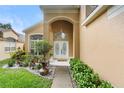 Charming front entrance with double doors, decorative plants, and manicured landscaping at 1400 Holly Glen Run, Apopka, FL 32703