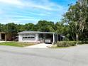 Single-story home featuring covered parking, complemented by lush greenery and mature trees at 164 Royal Palm Dr, Leesburg, FL 34748