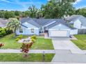 An elevated view of a lovely one-story home with a manicured lawn and a two-car garage at 1322 Ravida Woods Dr, Apopka, FL 32703