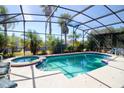 Beautiful screened-in pool and spa surrounded by lush landscaping and seating at 331 Bridgewater Dr, Davenport, FL 33897