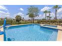 Gorgeous pool and spa with clear blue water, surrounded by lush landscaping and a black fence at 1164 Castle Pines Ct, Reunion, FL 34747