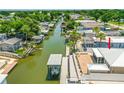 Waterfront property showing the canal, multiple docks, neighboring homes, and lush greenery in a picturesque aerial view at 139 Douglas St, Edgewater, FL 32141